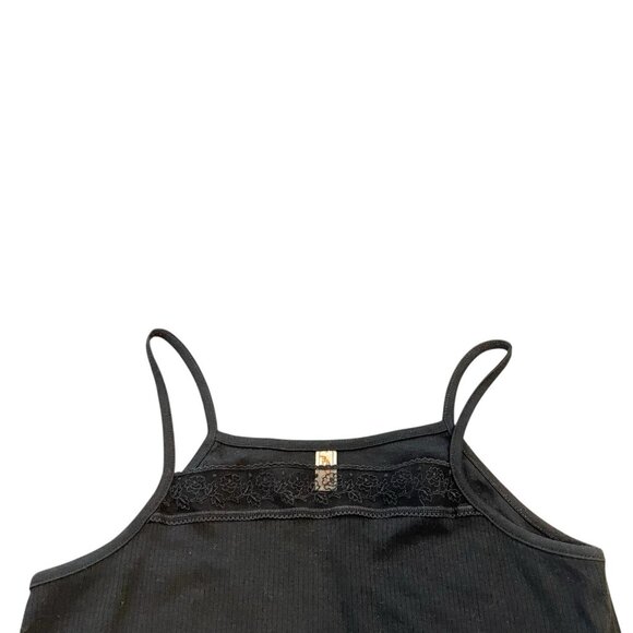 Women Camisole Vtg Y2k Mesh Lace Trim Square Neck Spaghetti Strap Rib Solid S - Picture 2 of 5